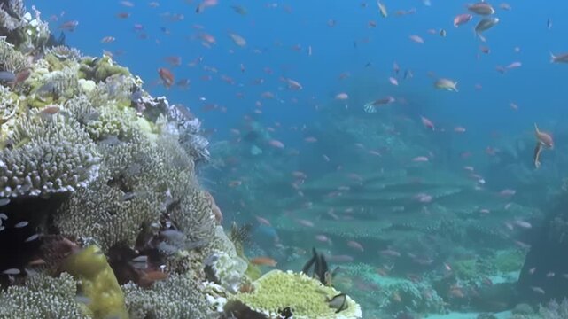 A breathtaking marine wonderland bursts with life. Countless tiny fish, crimson and silver, shimmer and dance around intricate coral formations in the clear blue ocean during the day.