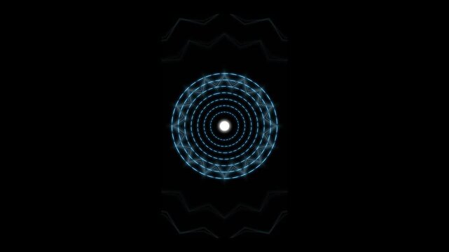 Abstract Geometric Mandala Animation, Pulsating Light Center, Dark Background, Blue Tones
