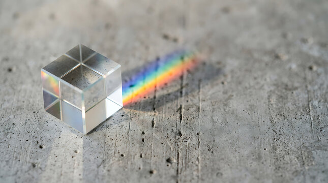 Glass prism cube casting a colorful rainbow light reflection