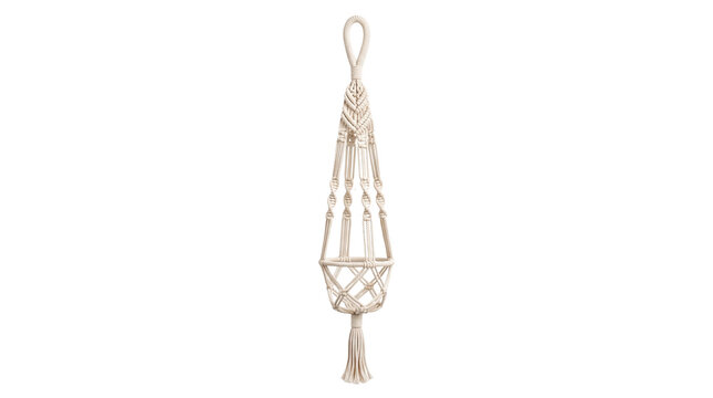 Bohemian macrame plant hanger, handcrafted cotton rope hanging basket, cream woven textile home decor for indoor gardening isolated PNG with Transparent Background