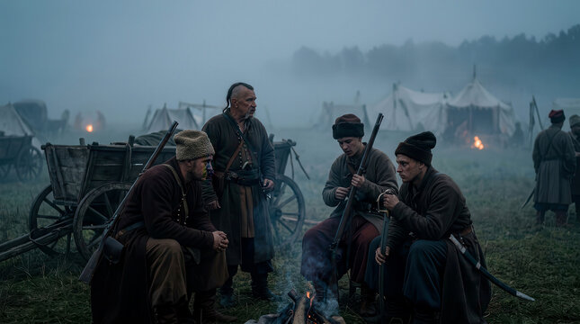 Group of historical Cossack warriors sitting around a campfire in a misty military encampment