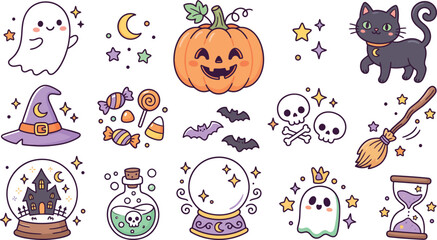 Fototapeta premium Cute Halloween Spooky Doodle Icons Collection with Ghosts Pumpkins Witches
