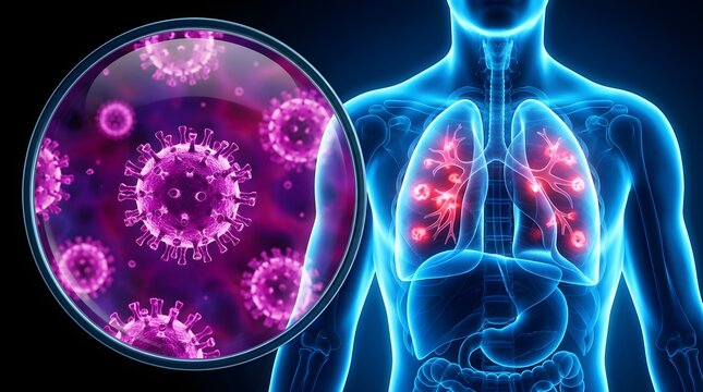 3 d medical of lungs with cancerous cells, highlighted in purple