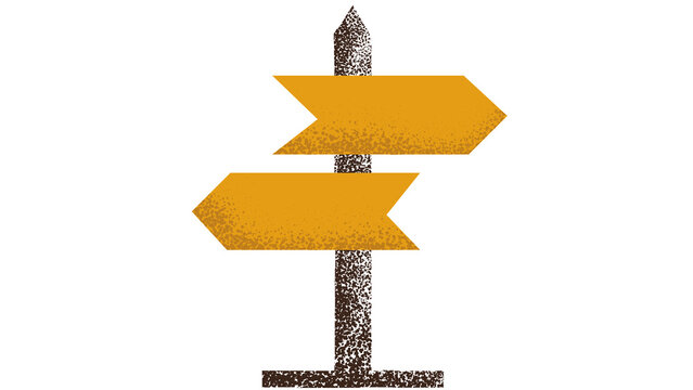 A vintage style wooden signpost with two yellow arrow signs pointing in opposite directions transparent background