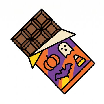 A festive Halloween chocolate bar vector illustration featuring a ghost, pumpkin, bat, and candy corn wrapper design.