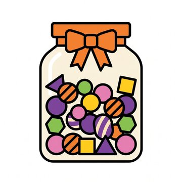 A clear glass jar filled with colorful wrapped candies and sweets, decorated with a bright orange ribbon bow in a clean vector illustration style.