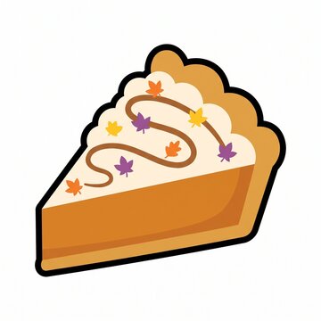 A delicious slice of pumpkin pie topped with fluffy whipped cream, caramel drizzle, and tiny colorful autumn maple leaves.