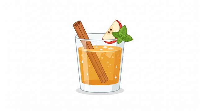 Spiced Apple Cider Elixir: A clear glass filled with amber-hued apple cider, infused with a cinnamon stick and garnished with a thin slice of apple and fresh mint leaves.