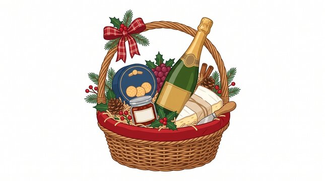 Festive Celebration Basket: A beautifully arranged woven basket brimming with holiday cheer, featuring a bottle of champagne, gourmet treats, and festive decorations, perfect for seasonal gifting.
