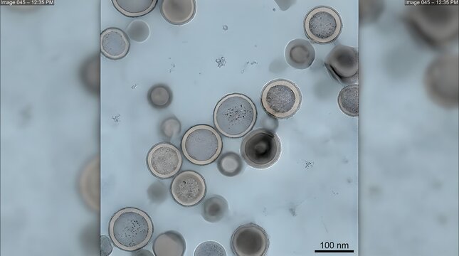 Transmission electron microscopy captures detailed circular nanoparticles suspended in a light liquid medium showcasing complex internal structure and scientific laboratory research