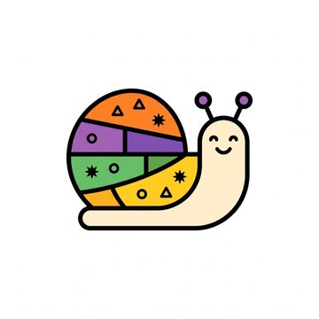 A cute cartoon snail smiling cheerfully with a colorful, patterned geometric shell in bright orange, purple, green, and yellow tones.