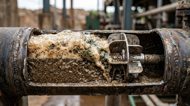 Mineral processing pipe with froth flotation foam, stainless impeller, and earth toned slurry