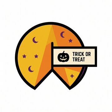 A Halloween-themed fortune cookie vector illustration featuring stars, moons, and a paper slip reading "TRICK OR TREAT" with a jack-o'-lantern.