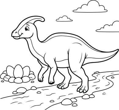 Cute parasaurolophus dinosaur walking by river with eggs in nest coloring page