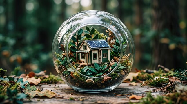 Miniature house with solar panels inside a glass terrarium sphere