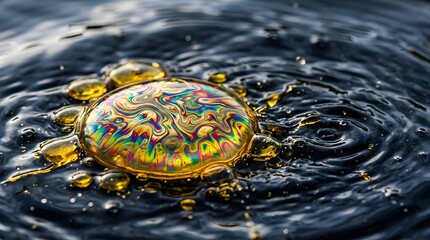 Obraz premium Iridescent soap bubble floating gracefully on deep dark rippling water surface showing vibrant colorful swirling patterns in soft natural lighting