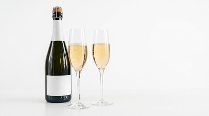 Obraz premium Champagne bottle and two flutes filled with bubbly golden liquid on a white background