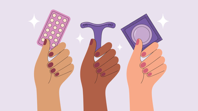 Three hands holding different birth control methods against a light purple background