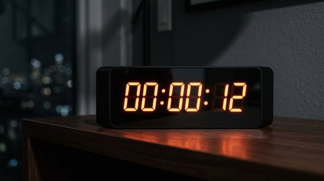 Modern Digital Clock Displaying Time 00 00 12 on a Wooden Surface with City Lights Bokeh Background