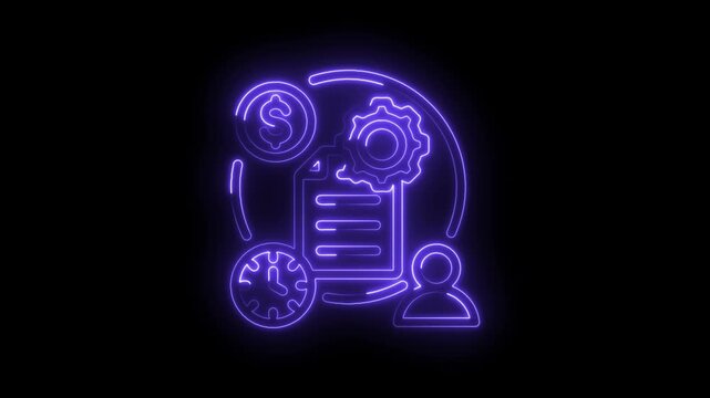 Neon glowing business process management icon with gears dollar coin clock and person symbol on