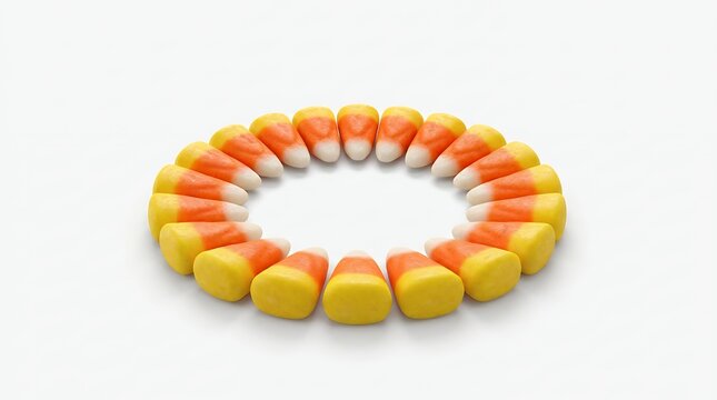 Candy corn arranged in a circle on a white background for Halloween holiday celebration