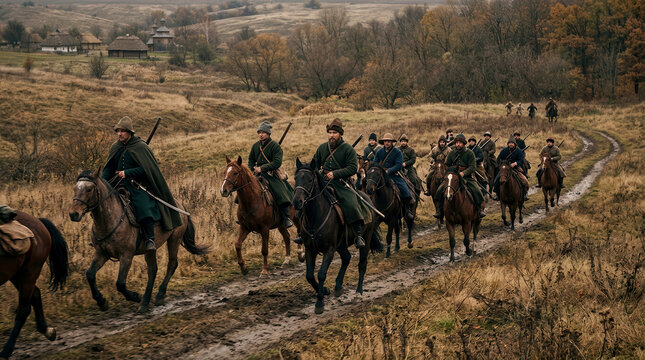 Group of historical Cossack horsemen in traditional attire riding horses along a muddy rural path