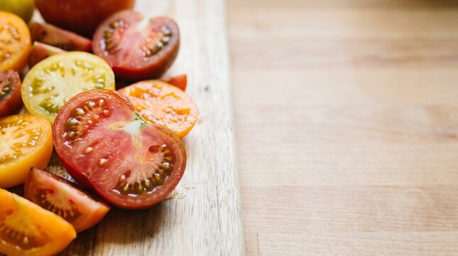 Sliced heirloom tomatoes colorful fresh vegetables wooden board close up macro view featuring red yellow and orange juicy raw ingredients with blurred rustic table backdrop and negative copy space