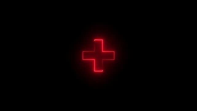 Glowing red neon plus sign symbol pulsing on black background, for medical and, healthcare ui