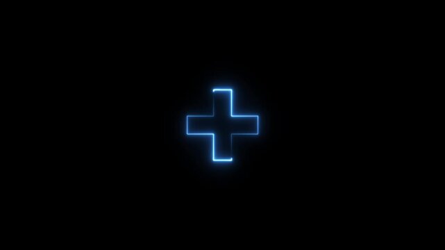 Glowing neon plus sign symbol animation on black background, digital medical ui icon motion