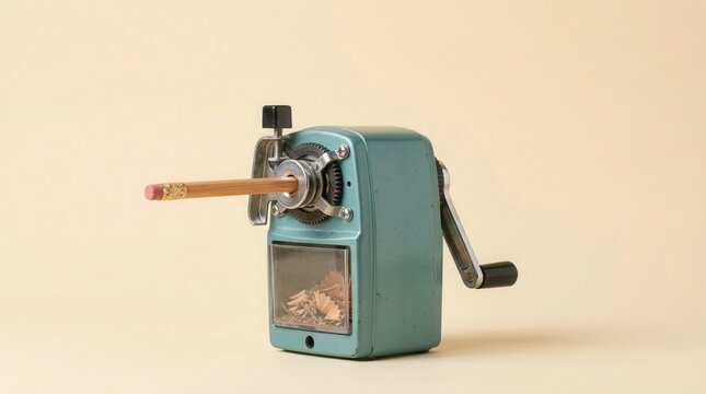Vintage manual pencil sharpener with wooden pencil on a neutral background