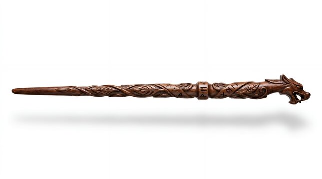 Ornate wooden magic wand with dragon head carving isolated on white background