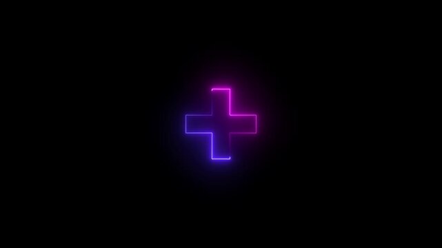 Glowing neon plus sign icon with purple and blue gradient light effect on black background, symbol