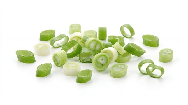 Fresh chopped green onions or scallions scattered on a white background for cooking.