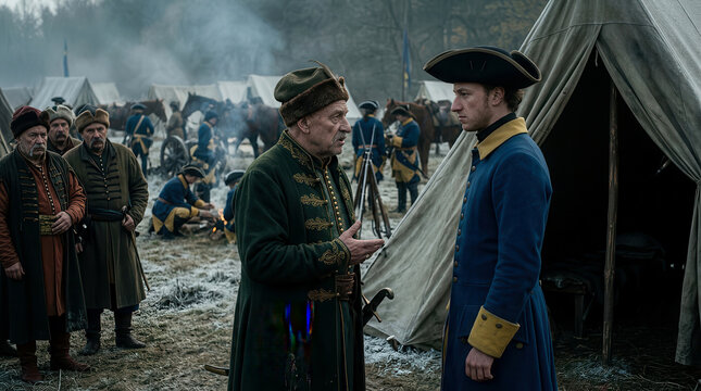 Historical reenactment of a military camp with soldiers in period uniforms and traditional clothing