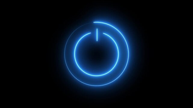 Neon blue power button loading animation with circular progress indicator on black background glowing