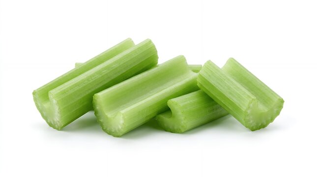 Fresh green celery stalks chopped into pieces isolated on a clean white background