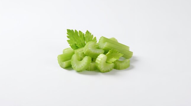 Fresh sliced celery stalks isolated on white background for healthy food cooking recipes