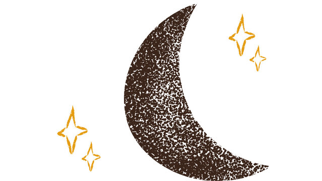 Hand drawn crescent moon with textured pattern and glowing stars isolated on white transparent background