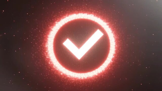 Red check mark logo reveal with particle explosion motion graphics.