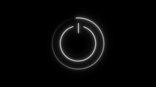 Neon power button icon with rotating loading circle animation on black background, glowing