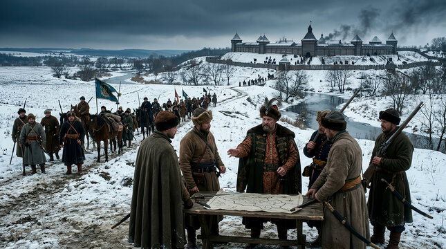 Cossack leaders planning military strategy with a map near a wooden fortress in winter