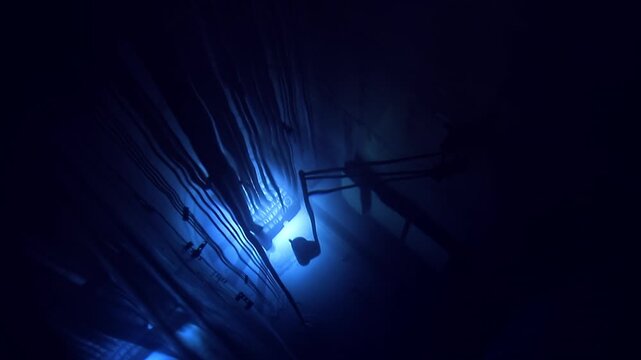 Blue glow water of nuclear reactor core powered, caused by Cherenkov radiation, fuel plates industrial uran..