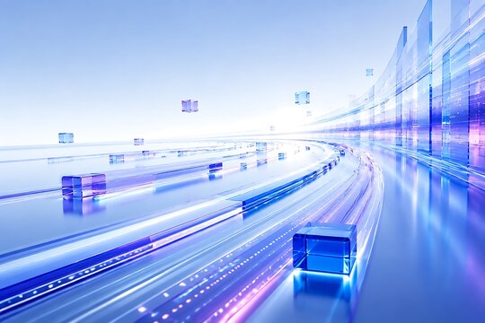 Abstract Digital Data Stream With Blue Light Trails And Glass Cubes For Technology Background