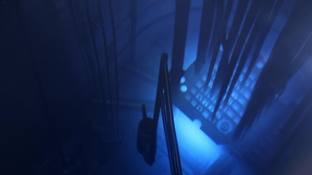 Top view Work of nuclear reactor core powered with blue glow radiation.
