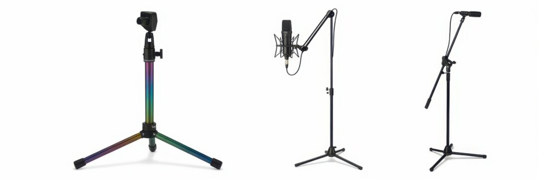 Various professional microphone stands and podcast gear isolated on white background. Ideal for music production and broadcasting equipment presentations.