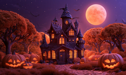 Fototapeta premium A spooky Halloween scene featuring a haunted house surrounded by carved pumpkins and a full moon, set in an eerie forest illuminated by twilight.