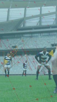 Animation of data processing over diverse rugby players at stadium