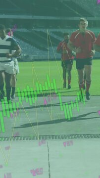 Animation of data processing over diverse rugby players at stadium