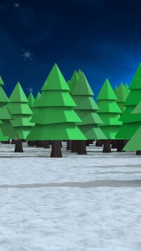 Snow falling over multiple trees on winter landscape against blue background