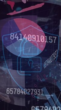 Animation of rotating hud interface, graphs, database and padlock in shield over abstract background